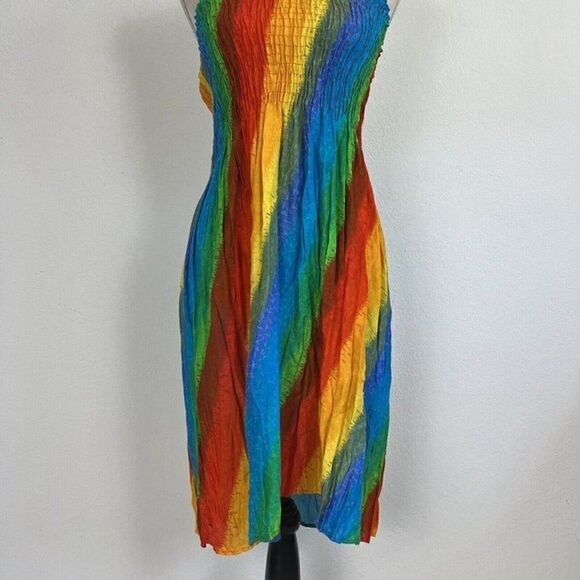 Vintage Women’s Rainbow Tie Dye Hippie Smocked Summer Mini Tube Top Dress OS - Picture 11 of 12